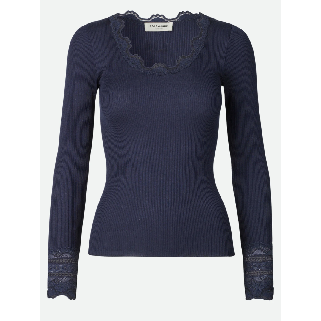 Rosemunde RWBenita Silk LS O-neck Lace T-shirt - Navy