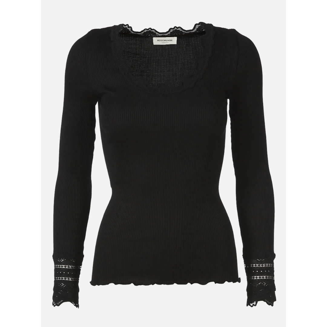Rosemunde RWBenita Silk LS O-neck Lace T-shirt - Black