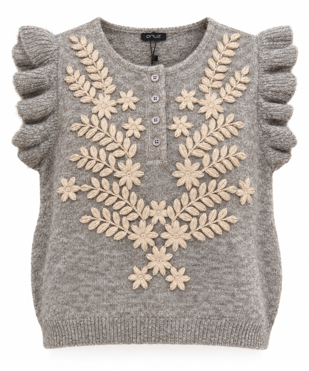 Qnuz Lux Broderet Strik Vest - Taupe - Butik VIVI
