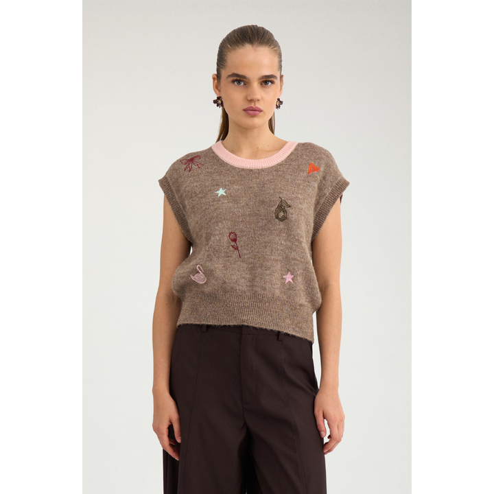 Nümph Nuyppa Embroidery Vest - Taupe Gray Melange