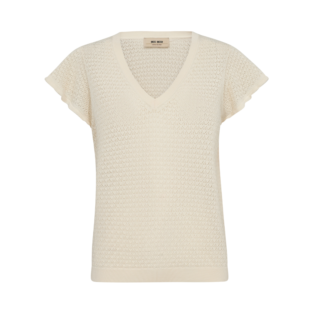Mos Mosh Ganna Pattern V-neck Strikbluse - Ecru - Butik VIVI