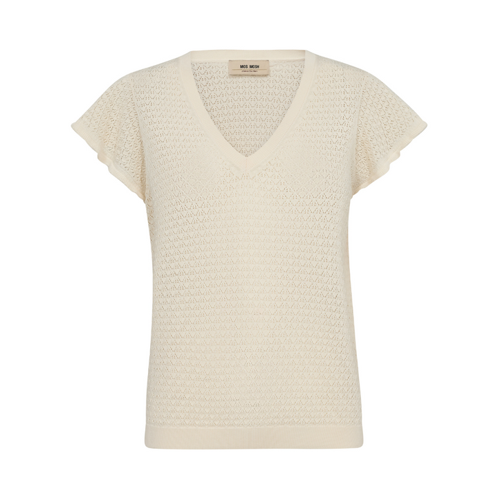 Mos Mosh Ganna Pattern V-neck Strikbluse - Ecru - Butik VIVI