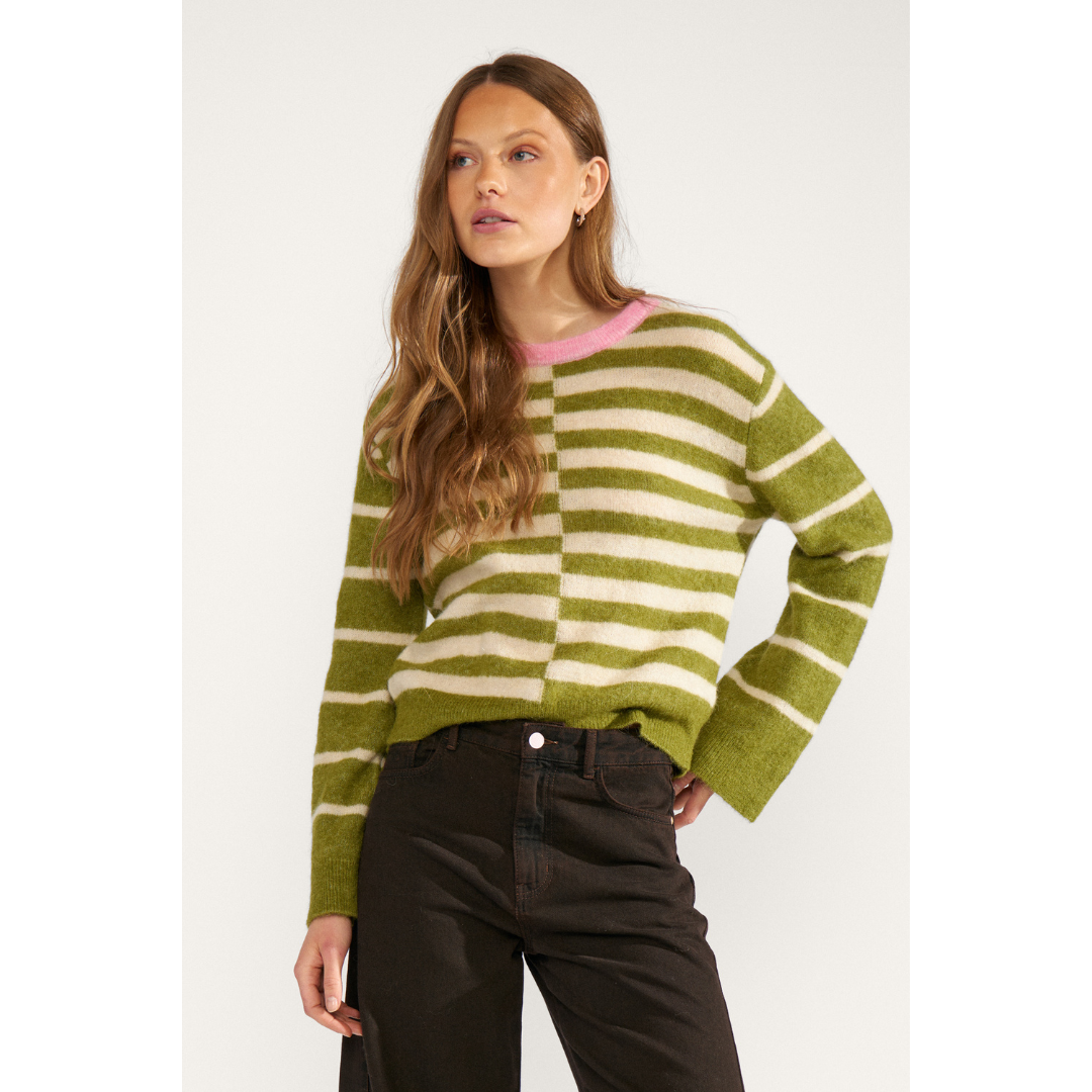 Nümph Nuriette Block Stripe Pullover Strik - Calla Green - Butik VIVI