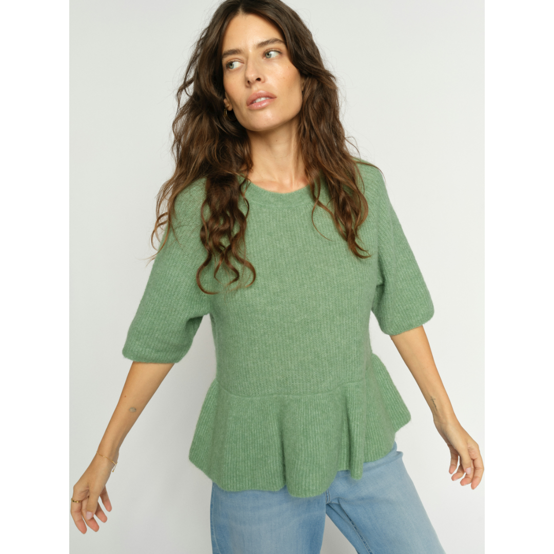 Mos Mosh MMThora SS O-Neck Frill Strik - Turf Green - Butik VIVI