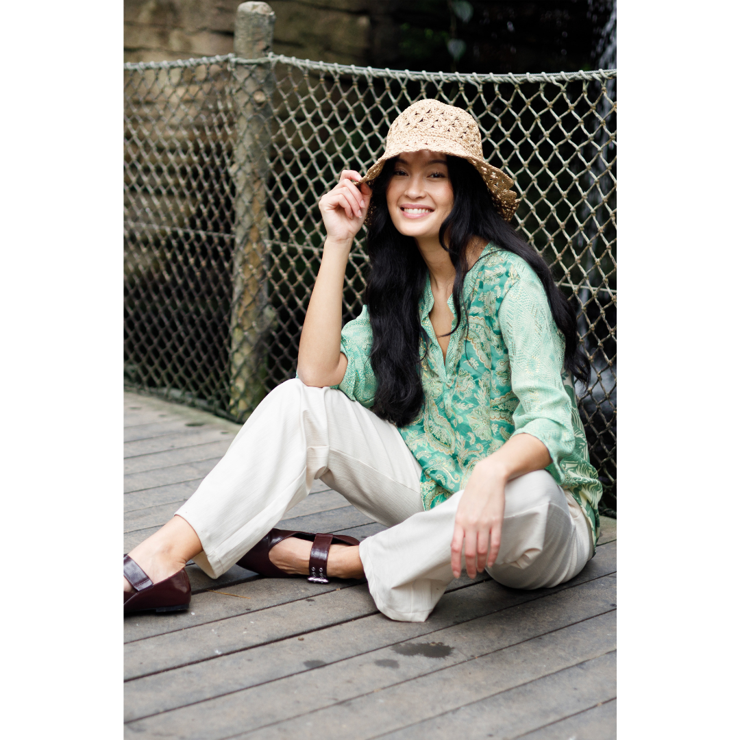 Black Colour BCLUNA flared sleeve blouse - Floral Green Mix