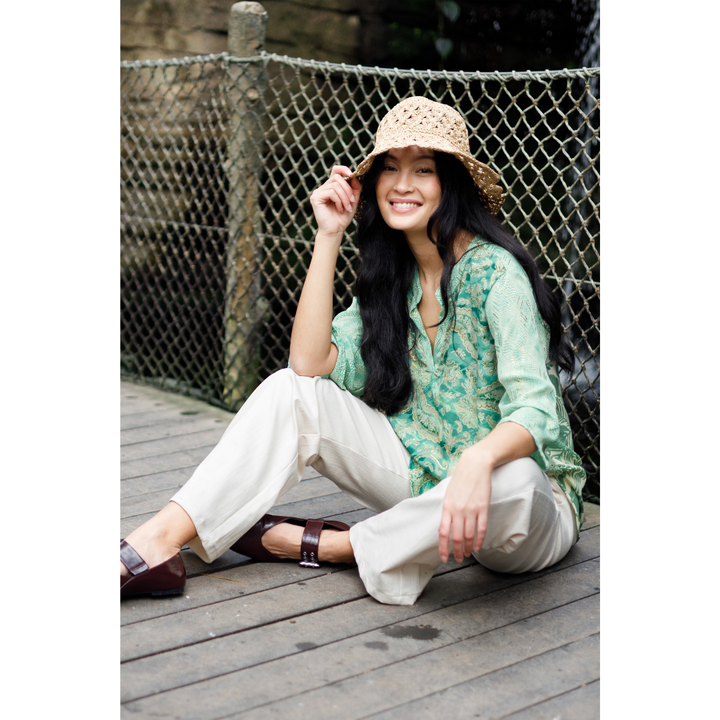 Black Colour BCLUNA flared sleeve blouse - Floral Green Mix